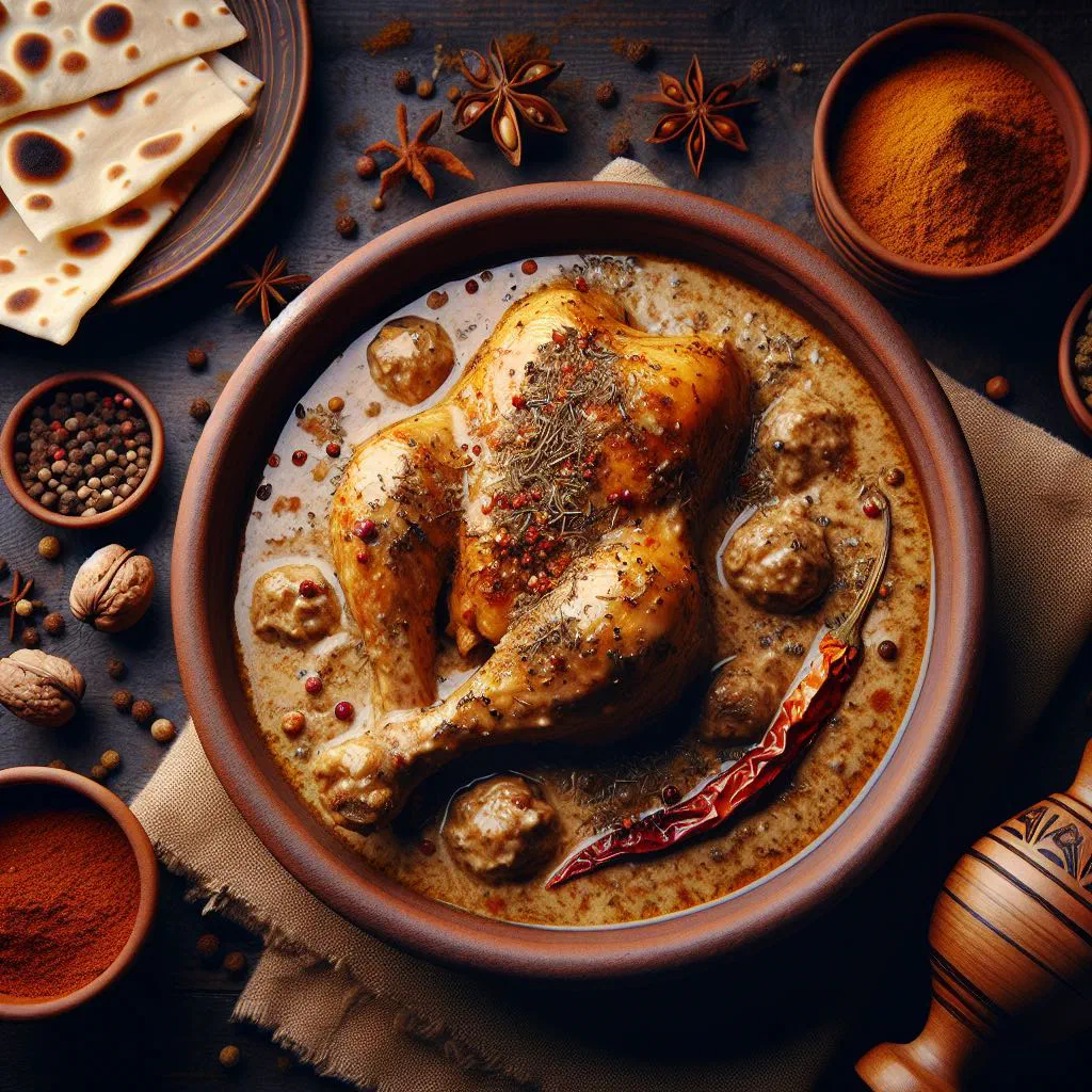 Satsivi: poached chicken pieces in a creamy walnut sauce, garnished with herbs