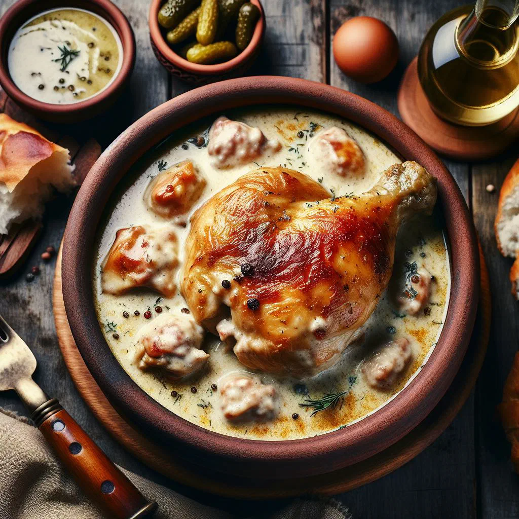 Shkmeruli chicken in creamy garlic sauce garnished with fresh herbs