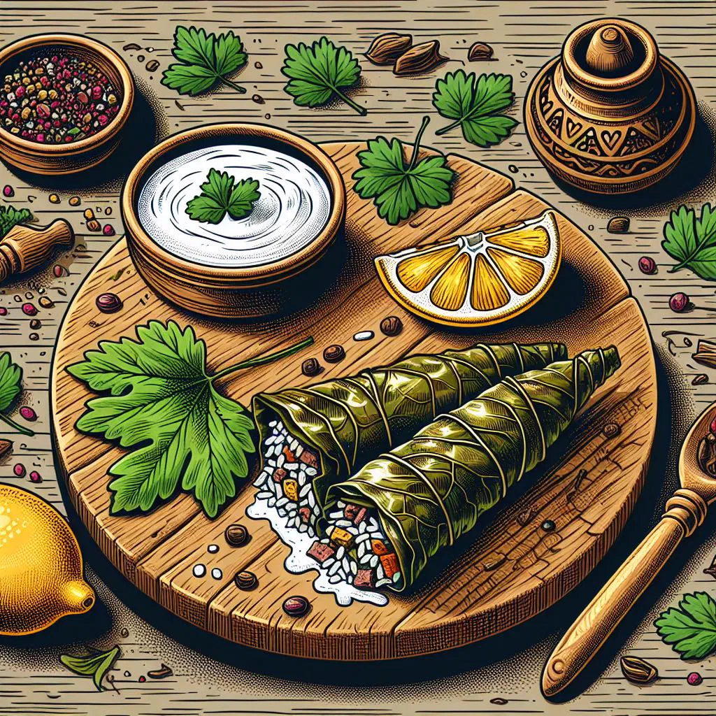 Stuffed vine leaves arranged on a plate with fresh herbs and yoghurt sauce