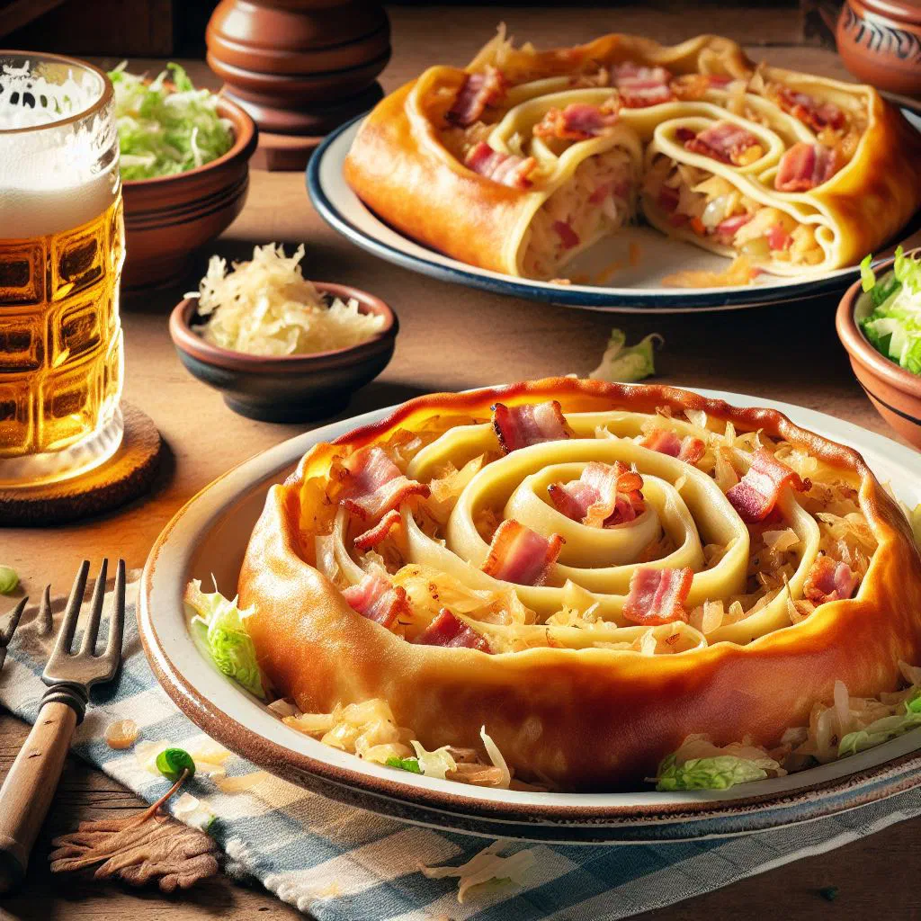 Golden Allgäu cabbage pockets on a rustic wooden board