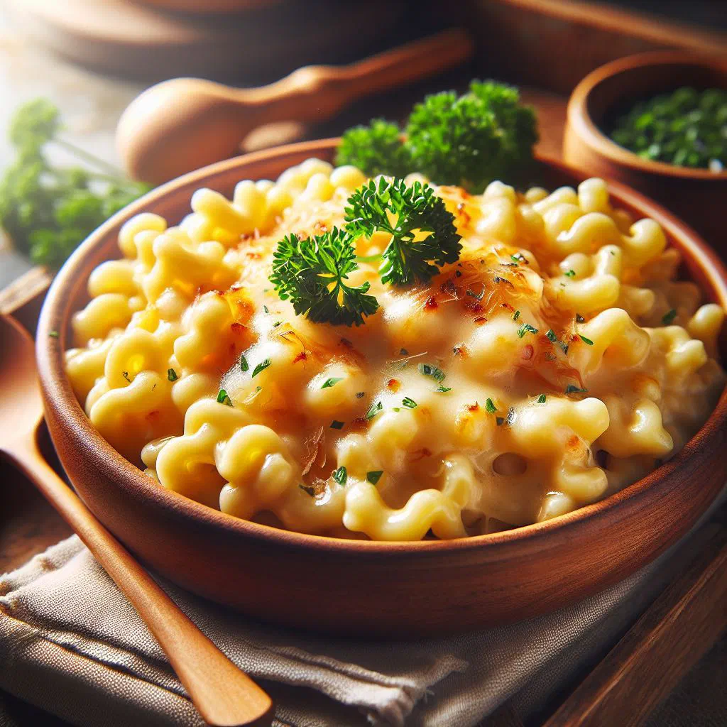 Allgäu cheese spätzle topped with golden fried onions in a rustic dish