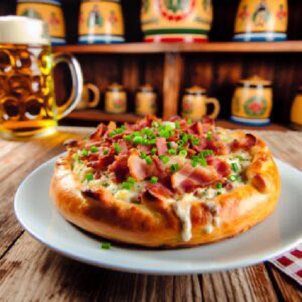 Golden baked German bacon cake with crispy bacon and a creamy topping