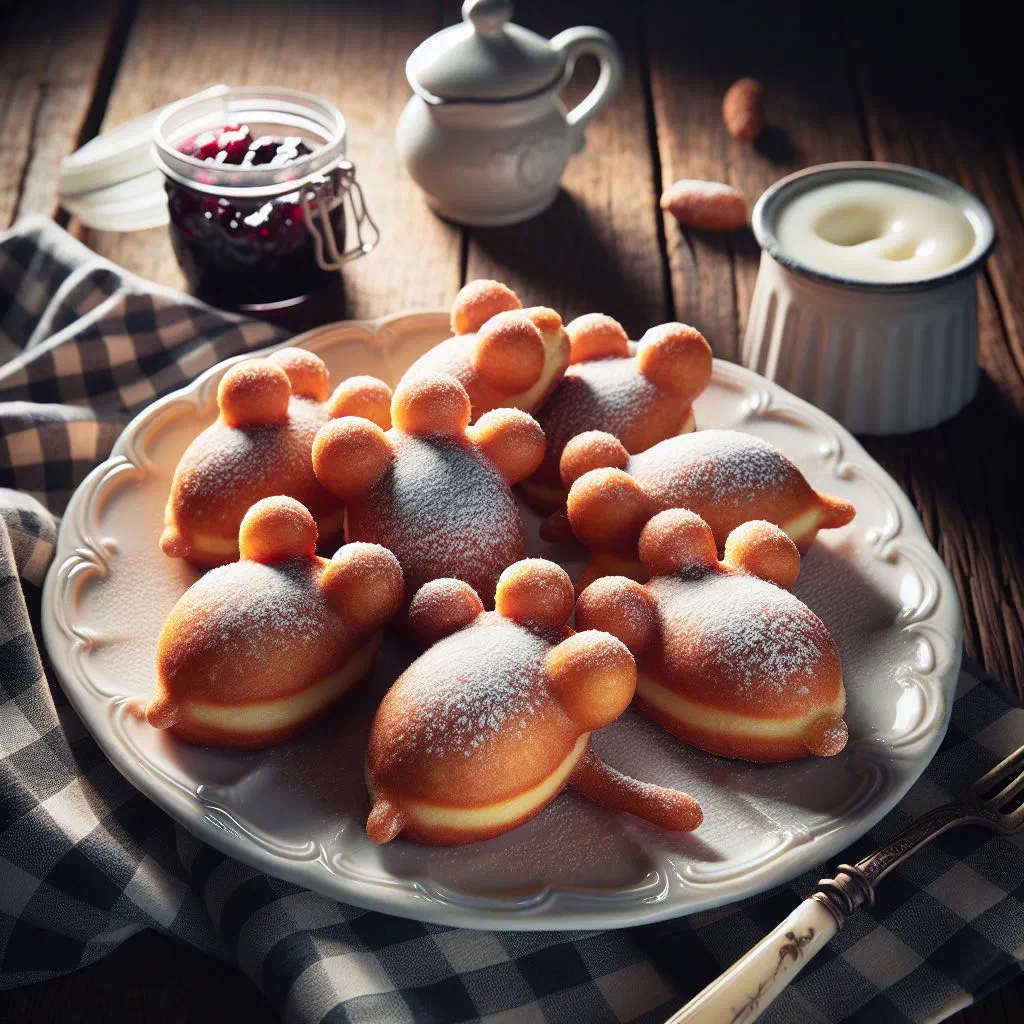 Golden deep-fried baked mice dough parcels served on a platter
