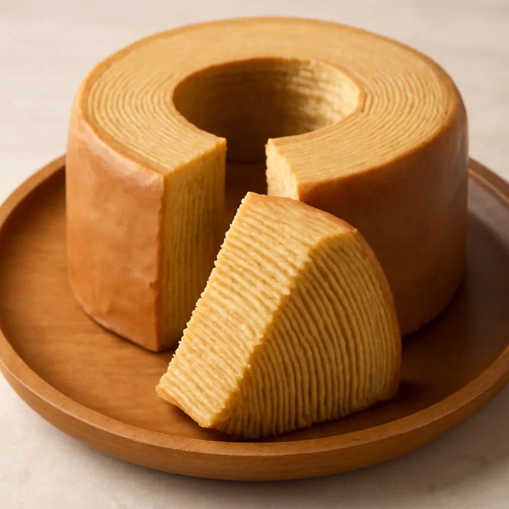 Sliced baumkuchen showing its golden tree-ring layers with a dark chocolate coating