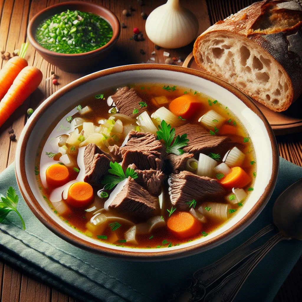 A bowl of clear Bavarian beef soup with tender beef and root vegetables