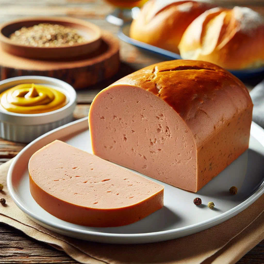 Golden-baked Bavarian meatloaf sliced and served with a soft pretzel and mustard