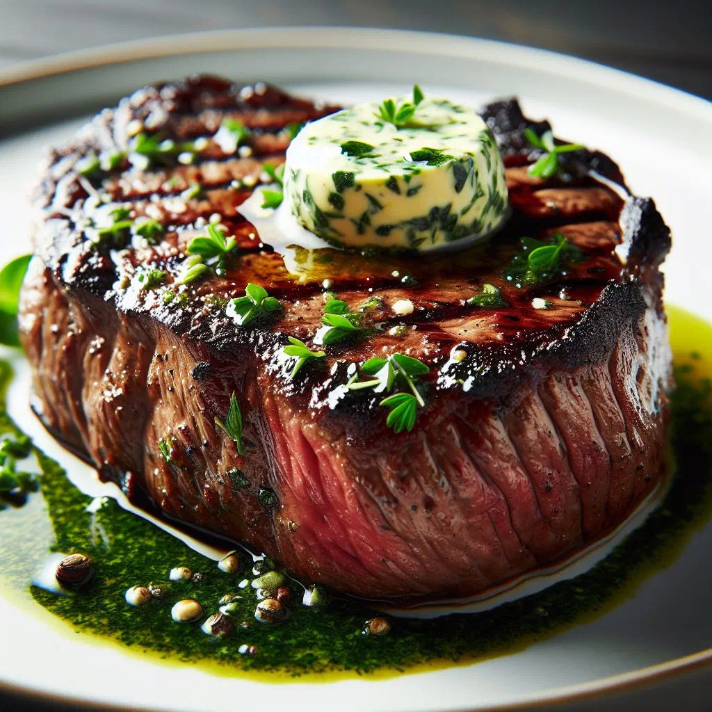 Pan-seared beef steak topped with a slice of melting herb butter