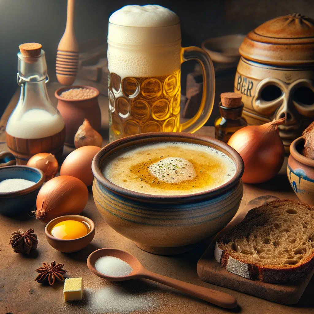 Bowl of golden German beer soup topped with crisp bread cubes and parsley