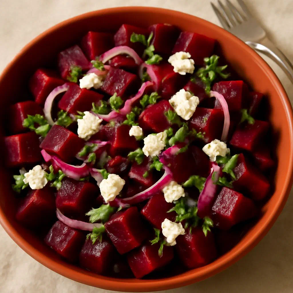 Beetroot salad with finely chopped onion in a light bowl