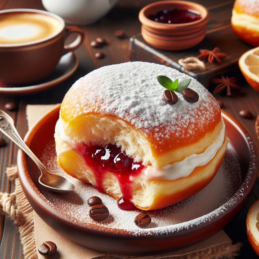 Golden Berliner doughnuts dusted with icing sugar and filled with jam