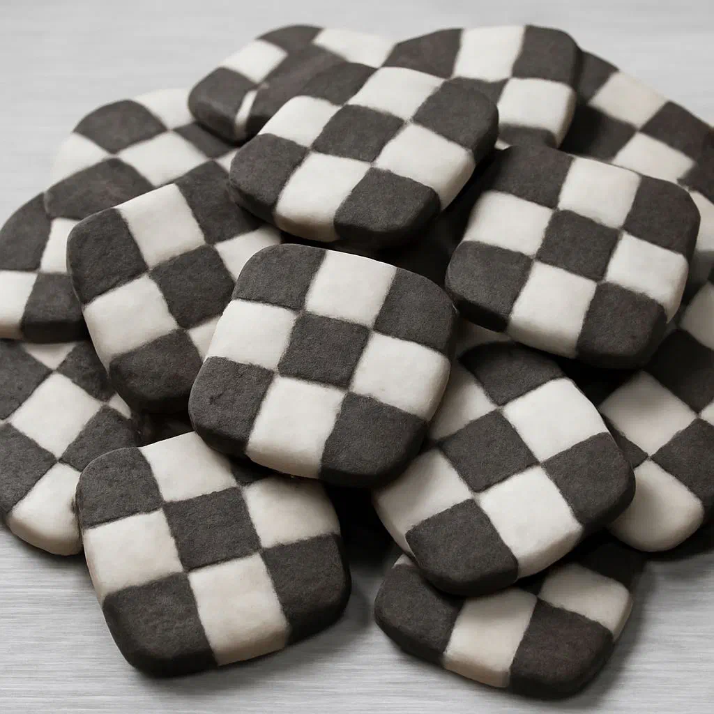 Two-toned black and white shortbread biscuits on a light plate