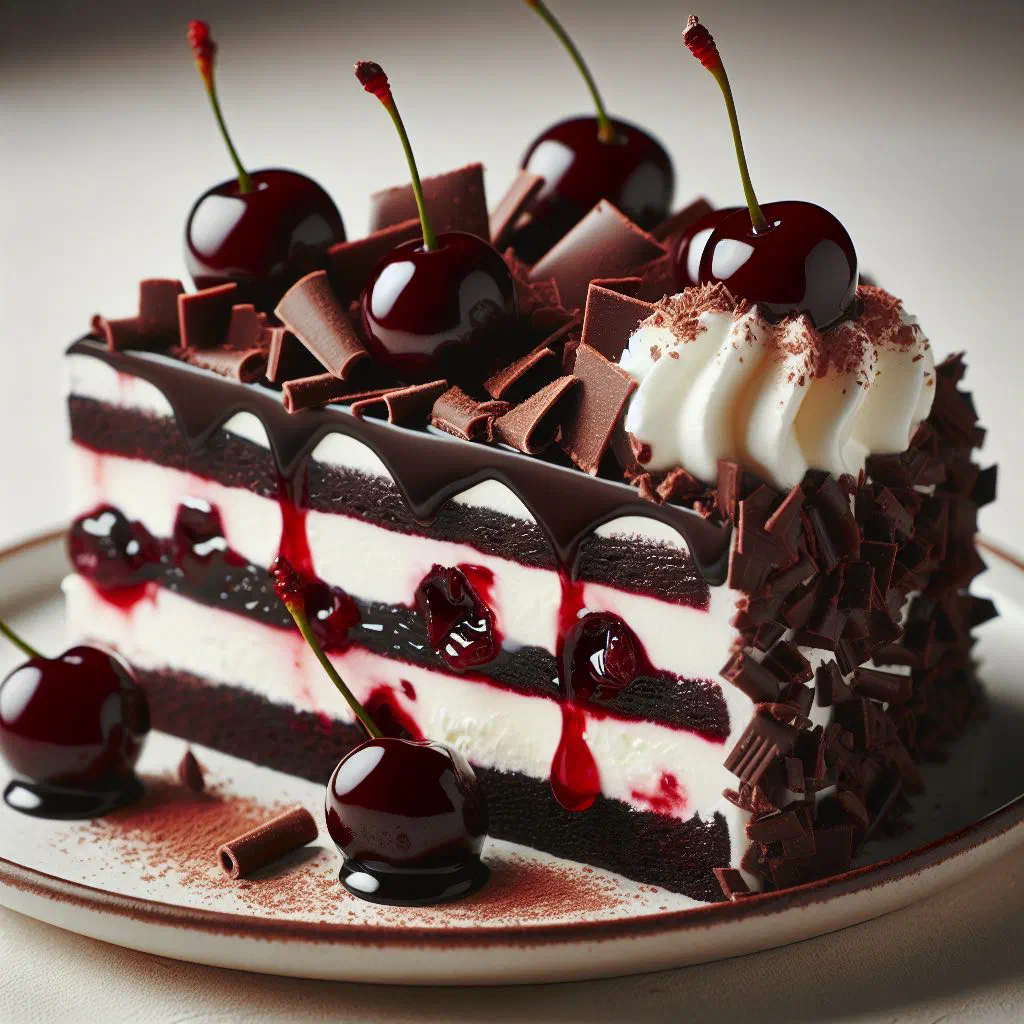 Black Forest gateau with whipped cream, cherries and chocolate shavings