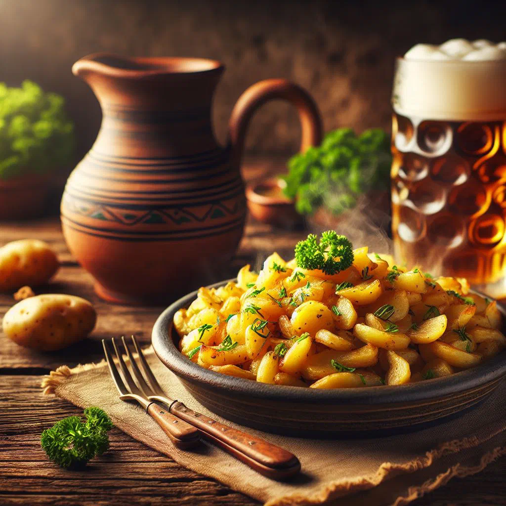 Crispy golden bratkartoffeln with onions in a pan