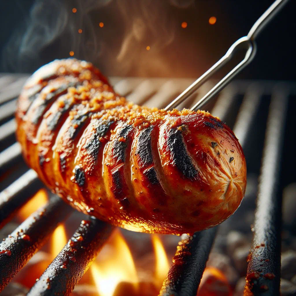 Golden-brown grilled bratwurst sausages served with onions and mustard