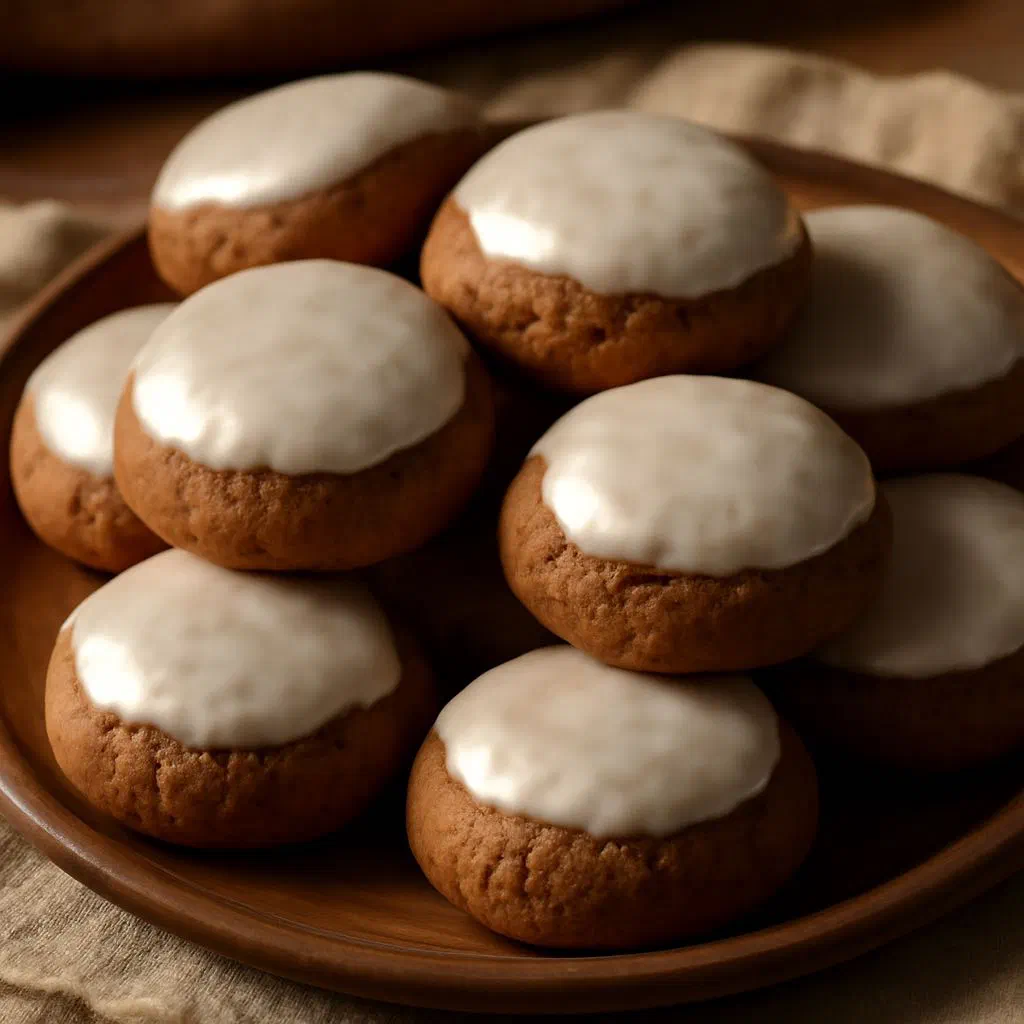 Dark, dome-shaped brown pfeffernüsse spiced biscuits dusted with icing sugar