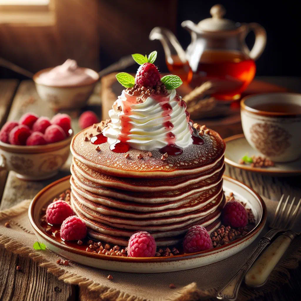 Golden buckwheat pancakes garnished with fresh chives on a plate