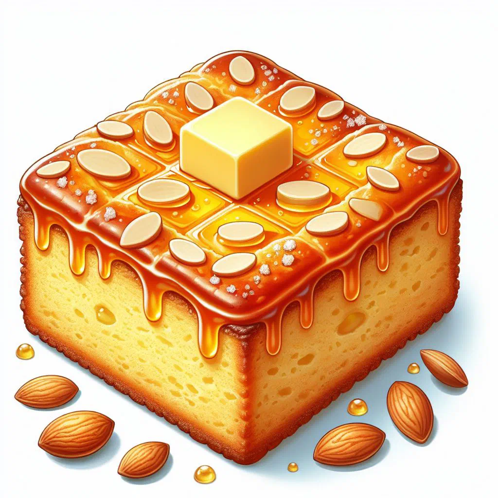 Golden German butter cake on a tray, dotted with sugar and butter