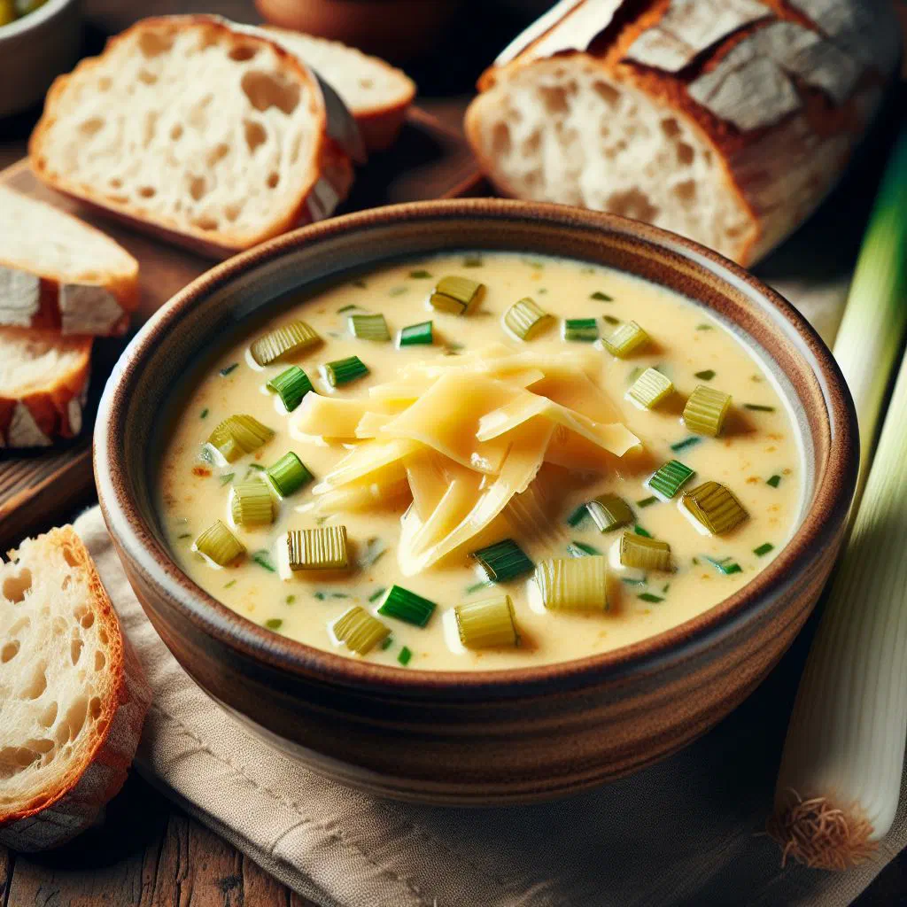 Creamy German cheese and leek soup garnished with fresh chives