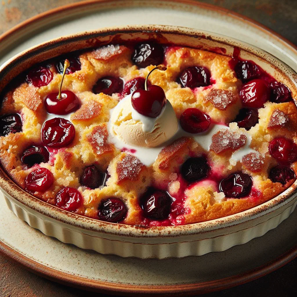 Golden cherry bread pudding dusted with sugar and studded with cherries