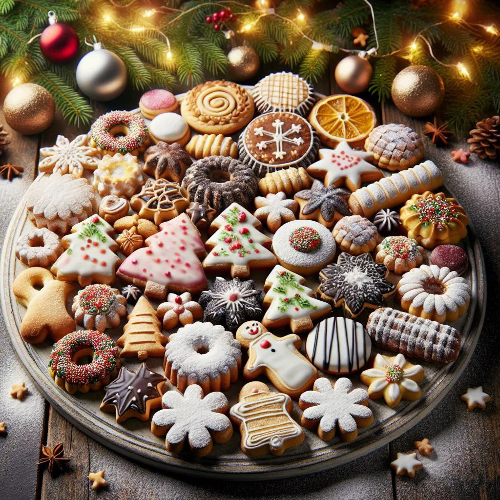 Decorated German Christmas cookies arranged on a festive plate