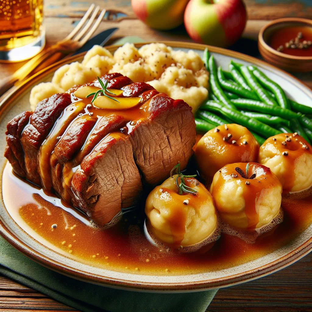Sliced cider roast pork with apple wine gravy and apple wedges