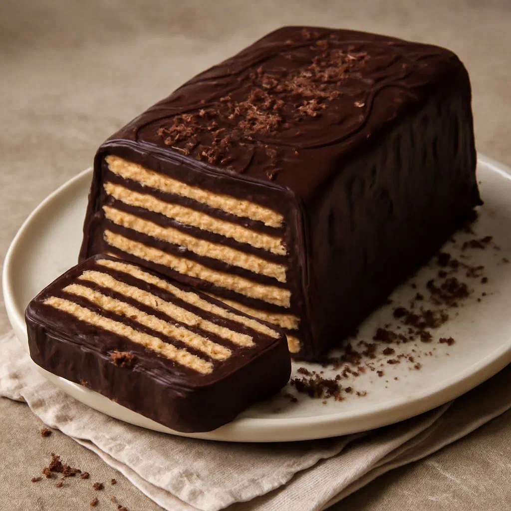 Sliced cold dog cake showing layers of chocolate and butter biscuits