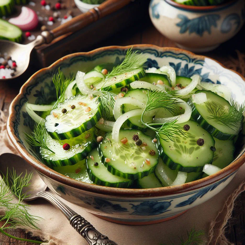Spreewald cucumber salad with dill in a glass bowl