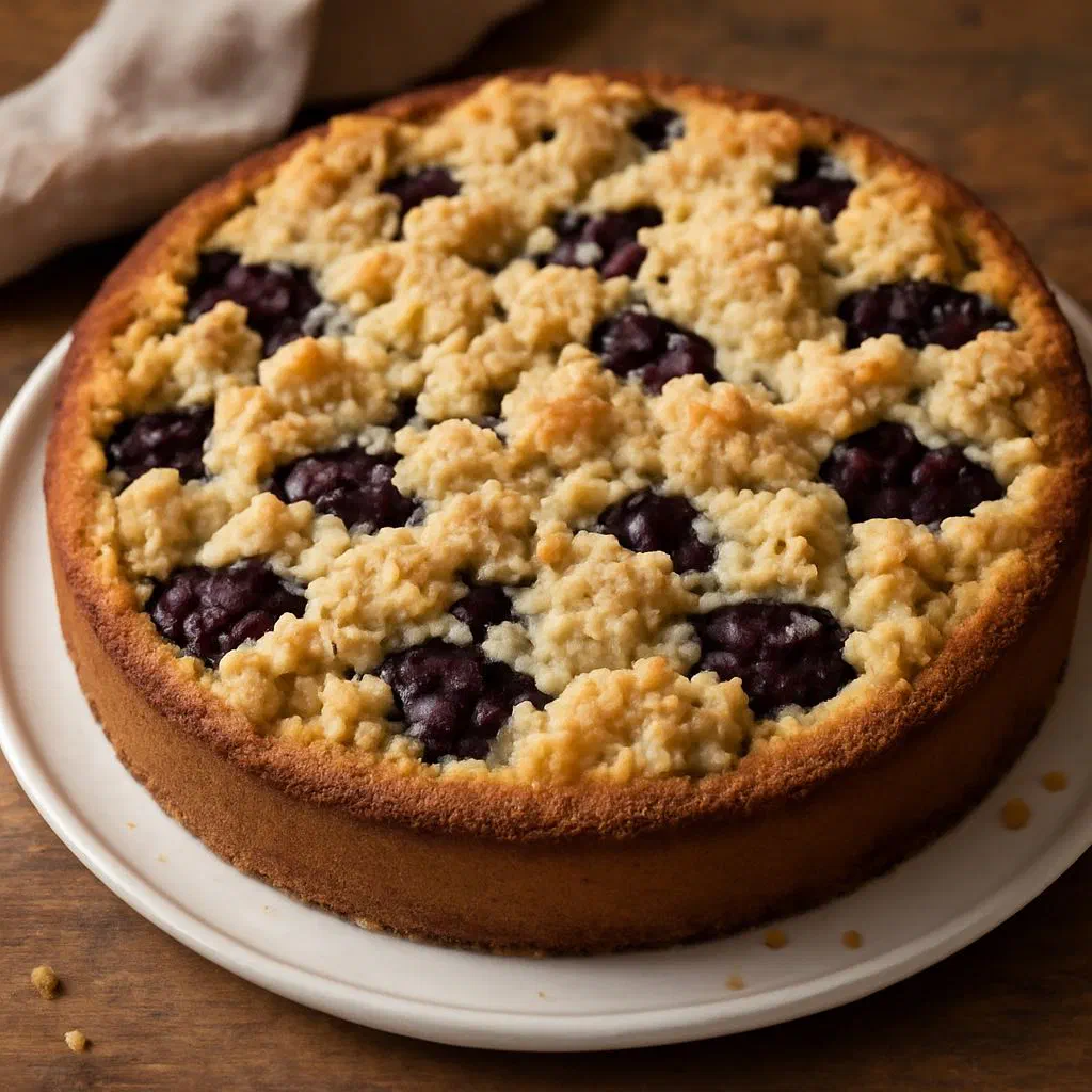 Slice of German dollop cake with quark blobs and plums dusted with icing sugar
