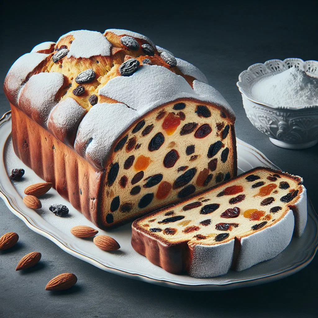 Dresden Christmas Stollen dusted with icing sugar and sliced to show the fruit