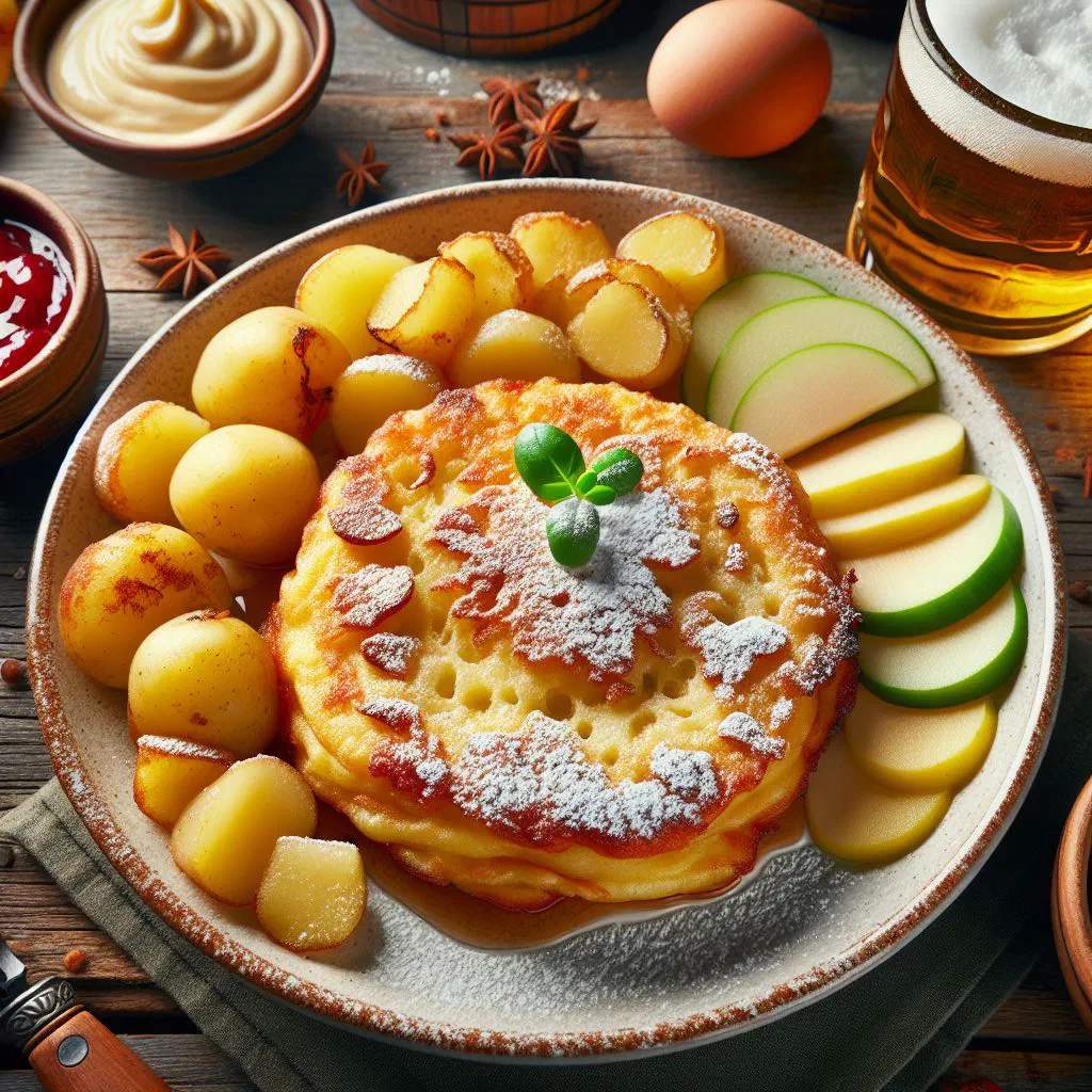 Golden Dresden quark cakes dusted with sugar and served with apple sauce