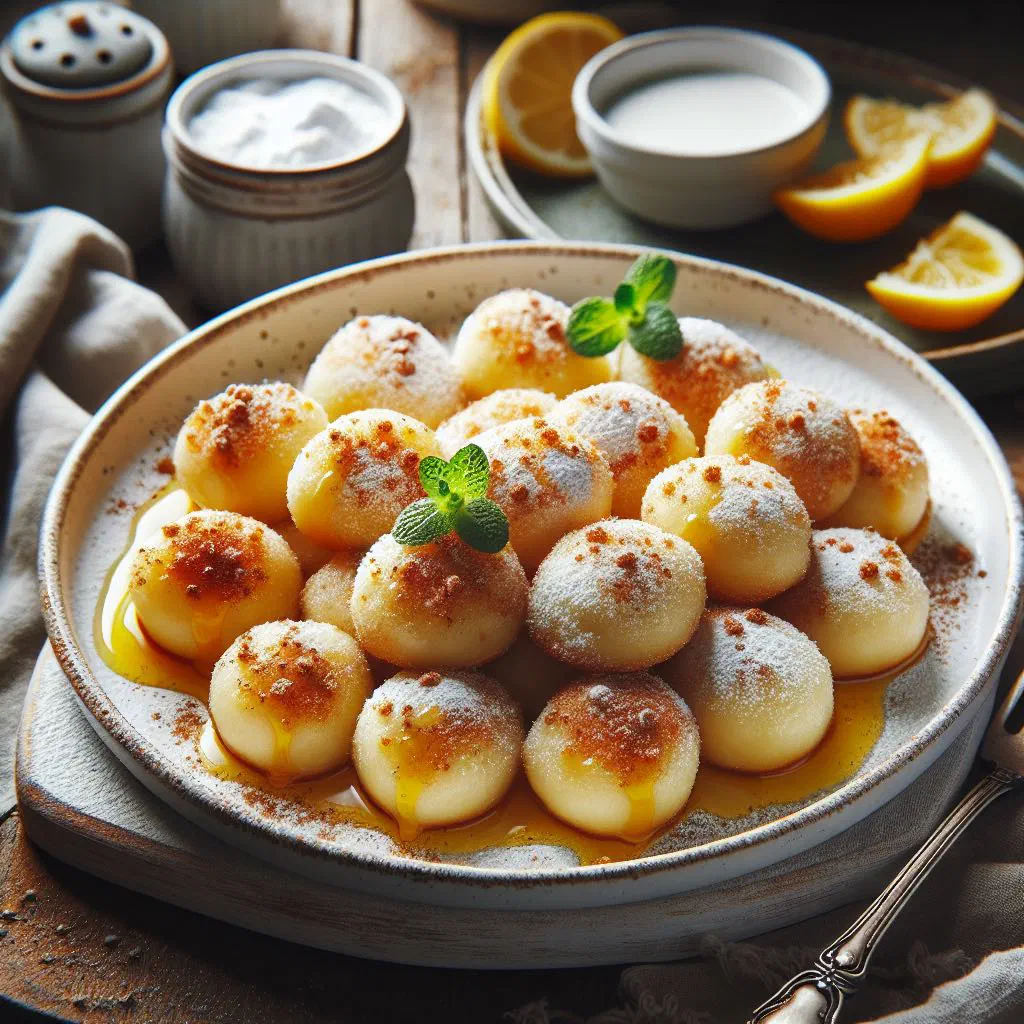 Golden-fried Dresden quark keulchen dusted with icing sugar and served with apple sauce