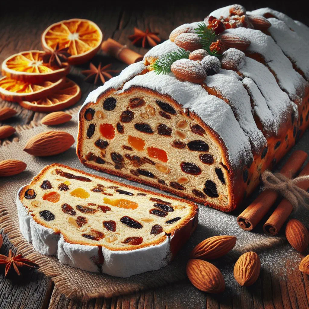 Dresden Stollen dusted with icing sugar and sliced on a festive plate