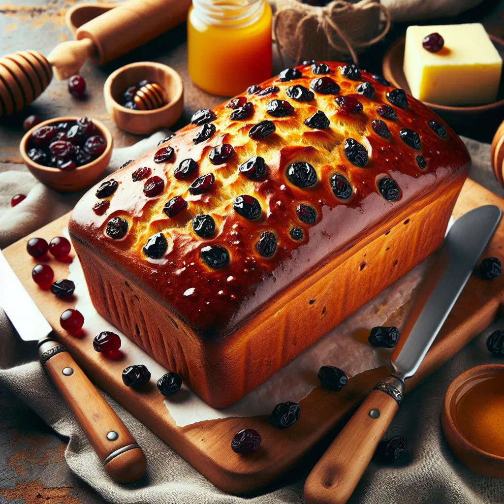 Golden East Frisian raisin bread loaf studded with raisins, sliced on a board