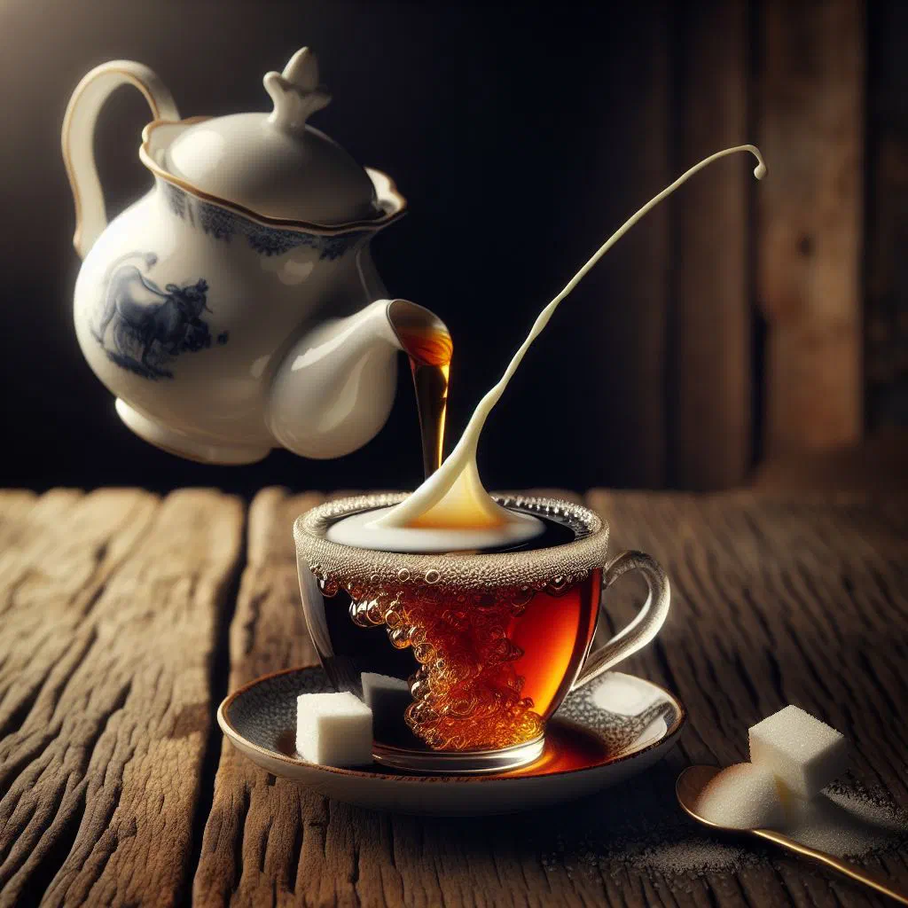 A cup of East Frisian tea with rock sugar and a swirl of cream