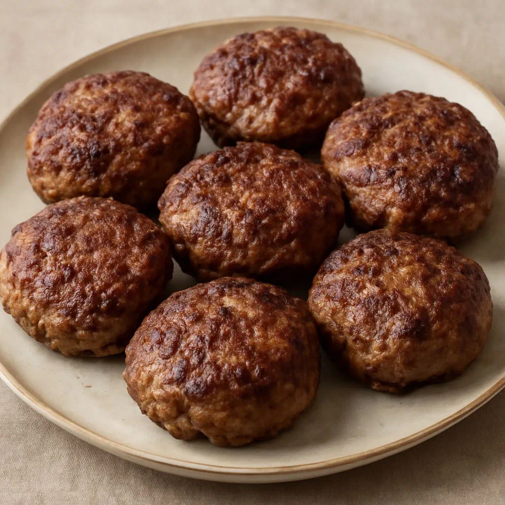 Golden-brown East German meat patties served with mustard and gherkins
