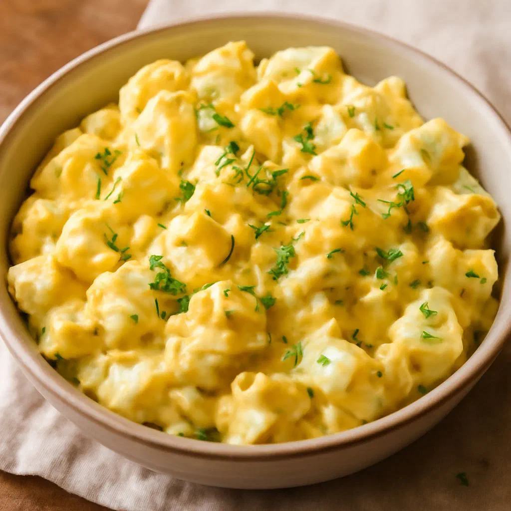 Creamy egg salad garnished with fresh chives in a bowl