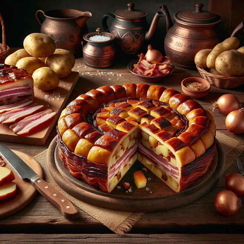 Golden Eifel bacon cake with bacon and onions, garnished with fresh parsley