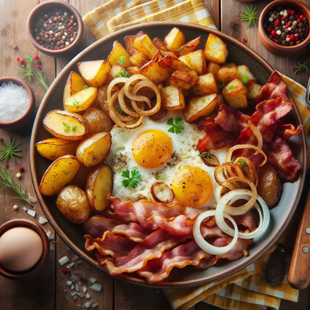 Farmer's breakfast with fried potatoes, bacon and eggs in a rustic pan