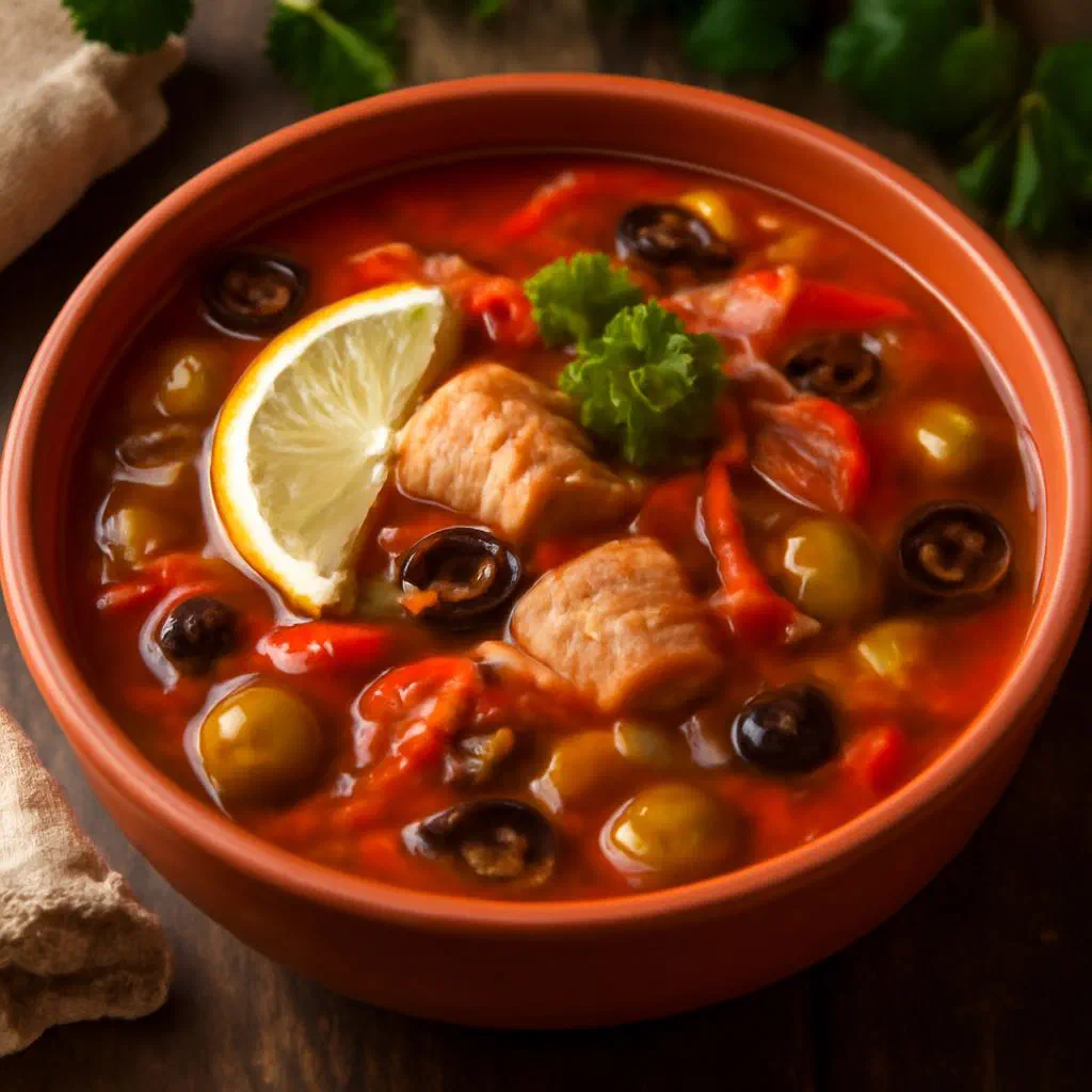 A bowl of fish soljanka with gherkins, tomato broth and a swirl of soured cream
