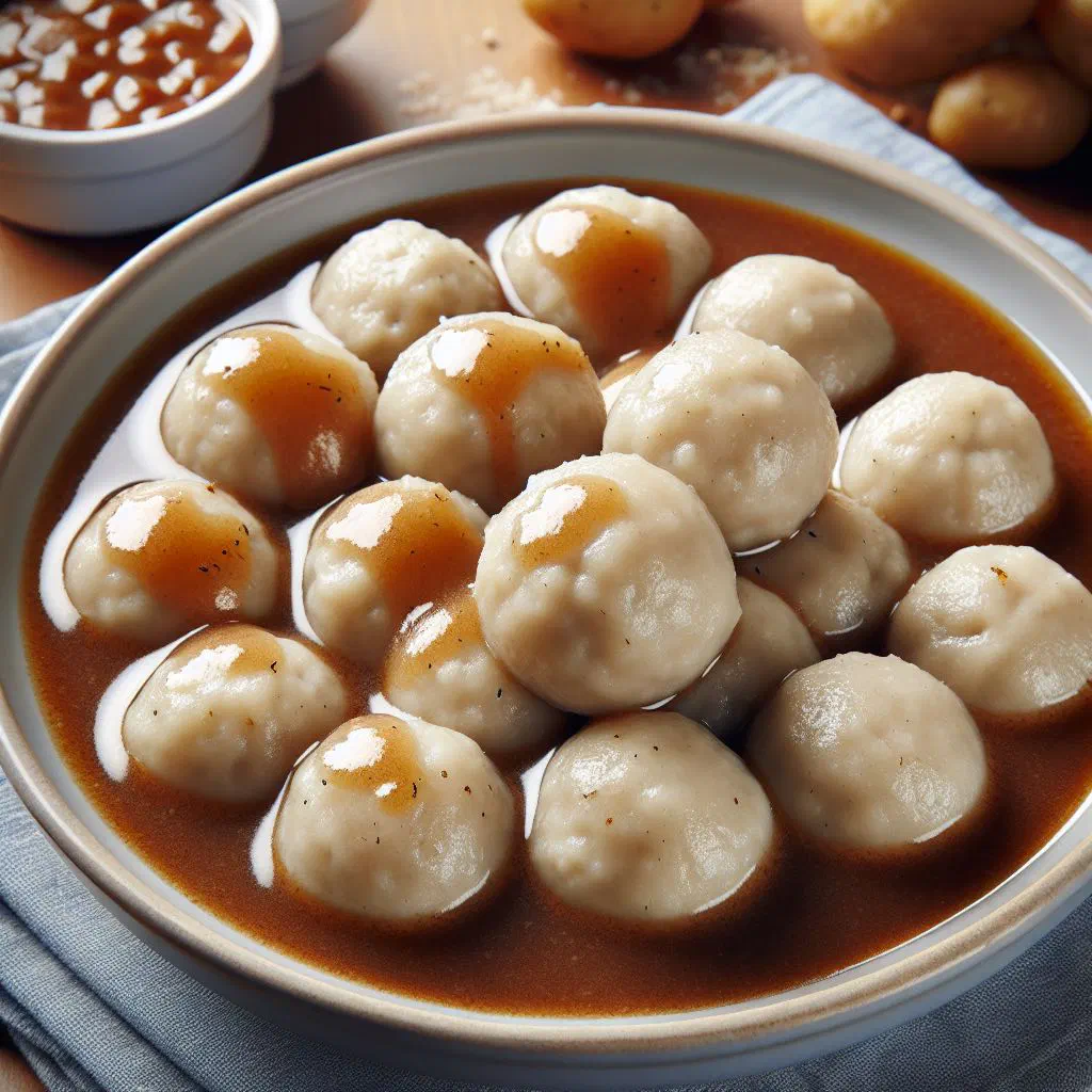 A plate of German flour dumplings garnished with fresh herbs