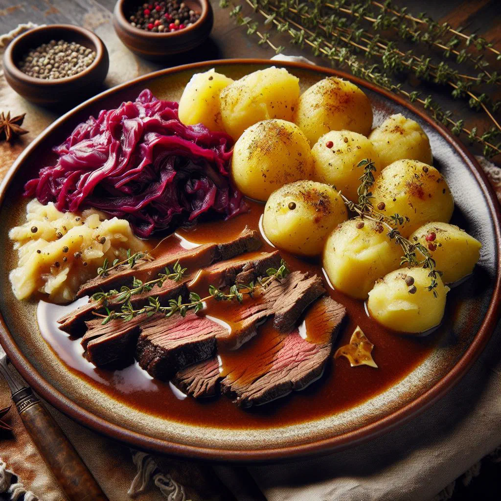 Sliced Franconian sauerbraten with rich gravy and dumplings