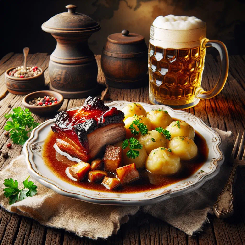 Roasted Franconian Schäufele with crispy crackling on a serving plate