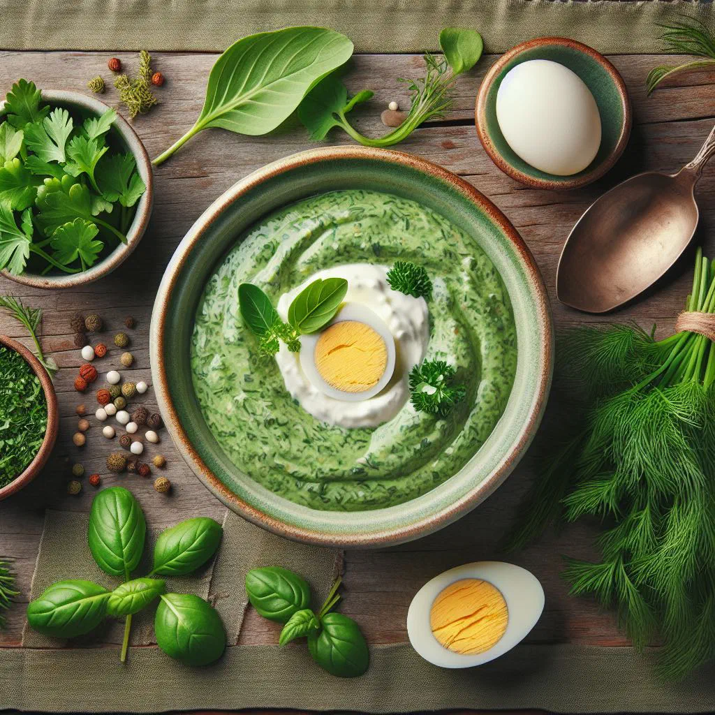 Frankfurt green herb sauce served with boiled potatoes and eggs