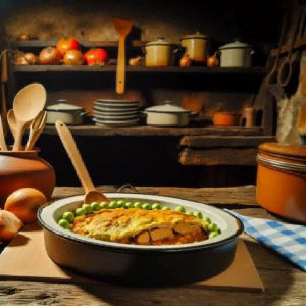 A hearty pan of Friedberger Warme with beef, potatoes and carrots garnished with parsley