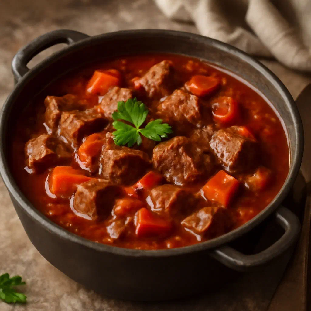 A bowl of rich beef goulash in a glossy paprika sauce