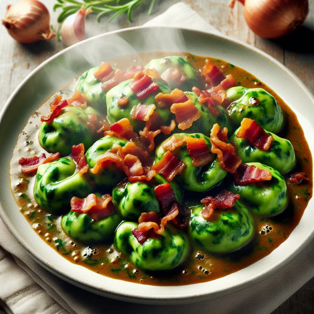 Green potato dumplings served with a creamy bacon sauce and parsley