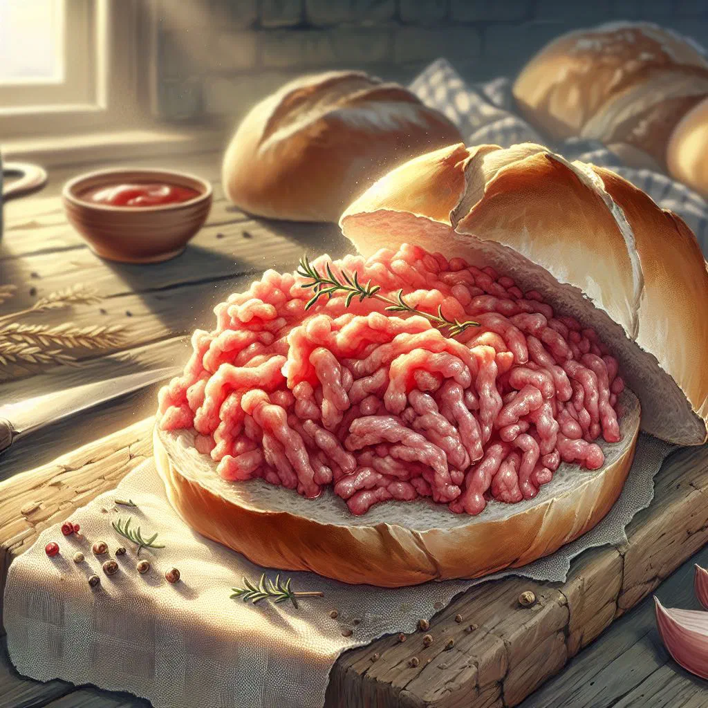 Seasoned raw minced pork with onions served on a bread roll