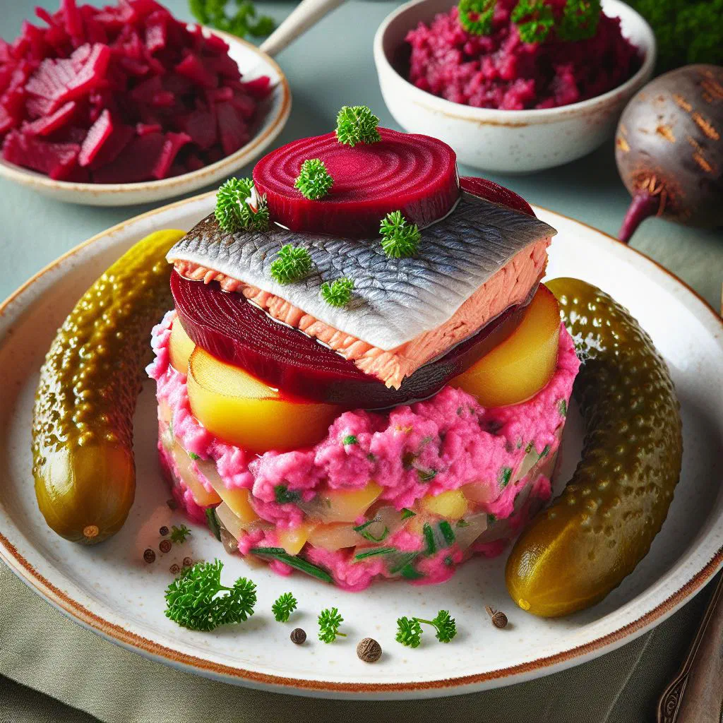 Hamburg labskaus topped with a fried egg and pickled beetroot
