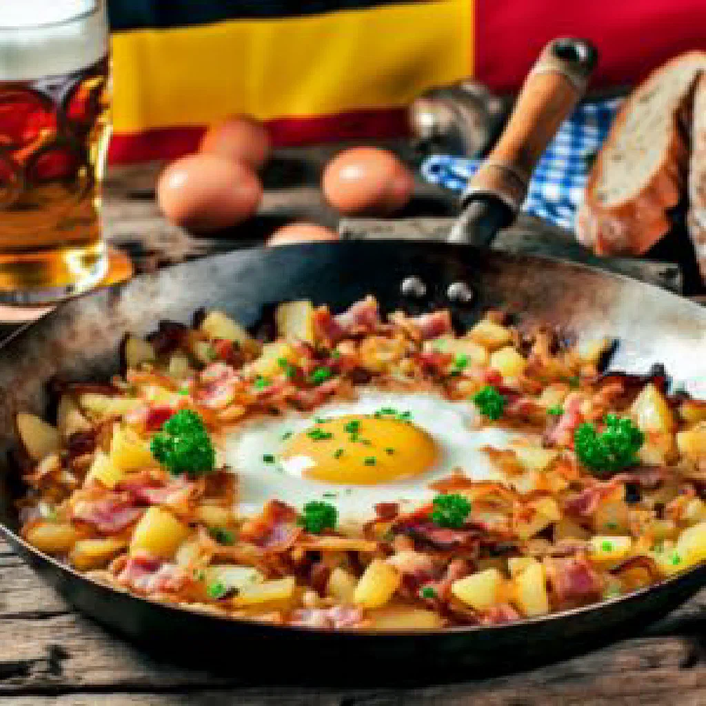 Hoppelpoppel of fried potatoes, meat and egg garnished with parsley