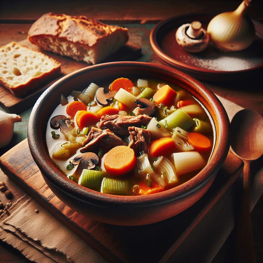A bowl of creamy German hunter's soup with mushrooms and fresh herbs